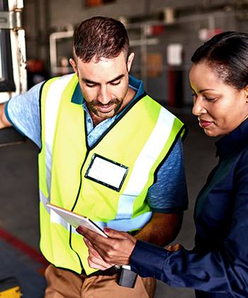woman showing tablet to man in high-vis